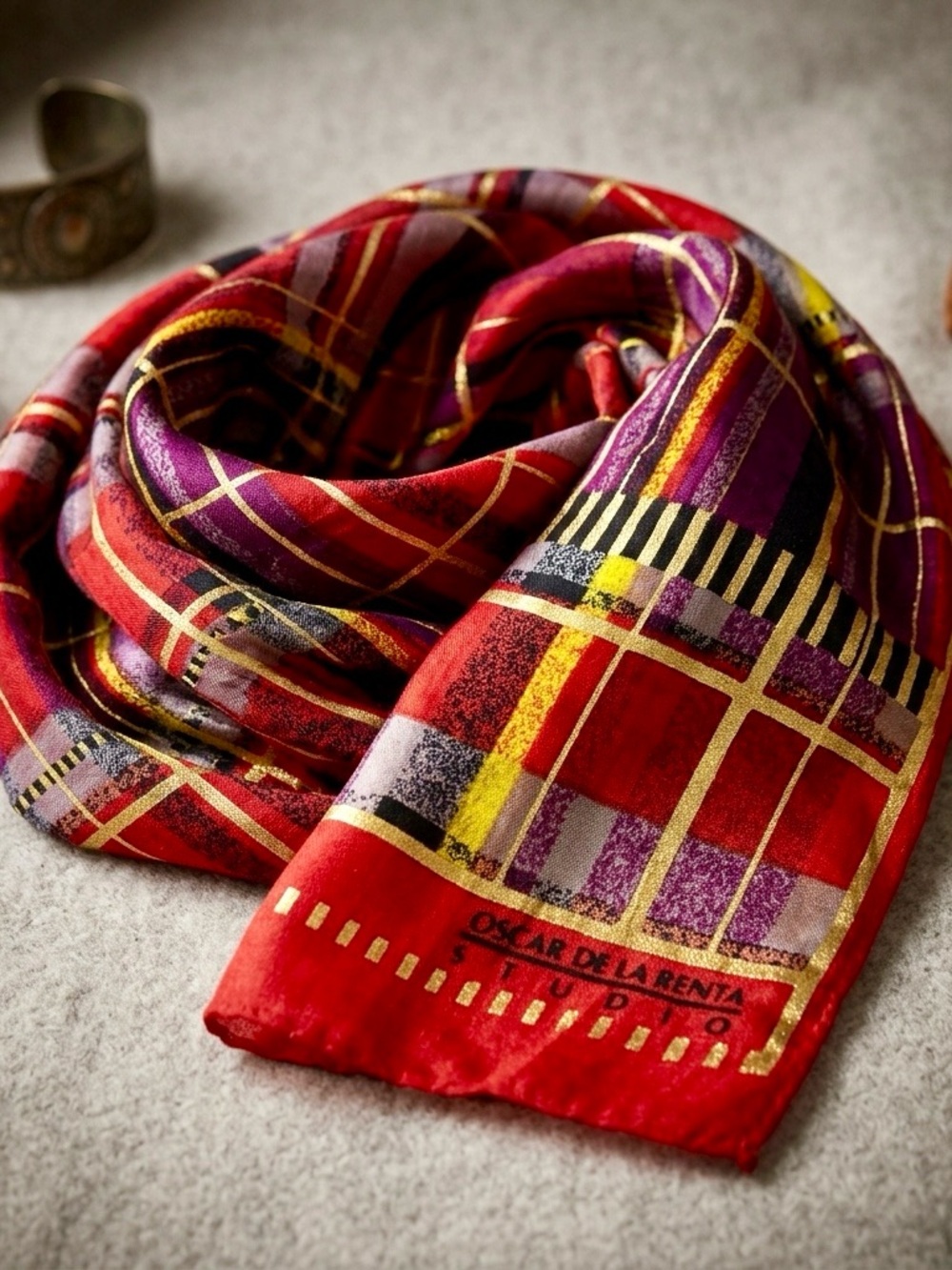 Oscar de la Renta Vintage Red & Gold Plaid Silk Scarf